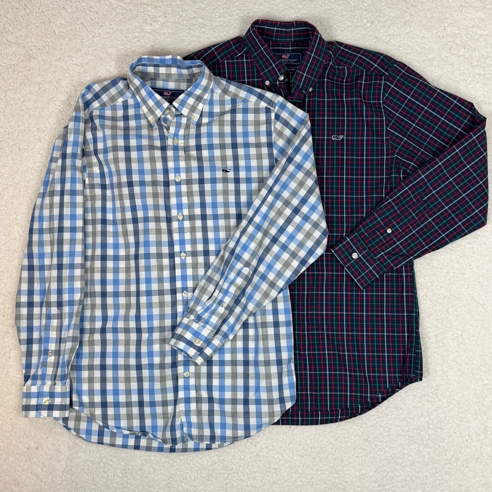 Lot of 2 Vineyard Vines Mens Medium Slim Fit Whale Shirts Plaid Gingham Blue Red - Picture 2 of 13